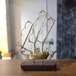 Brass Crafted Model of Sailing Ship with Wooden Base