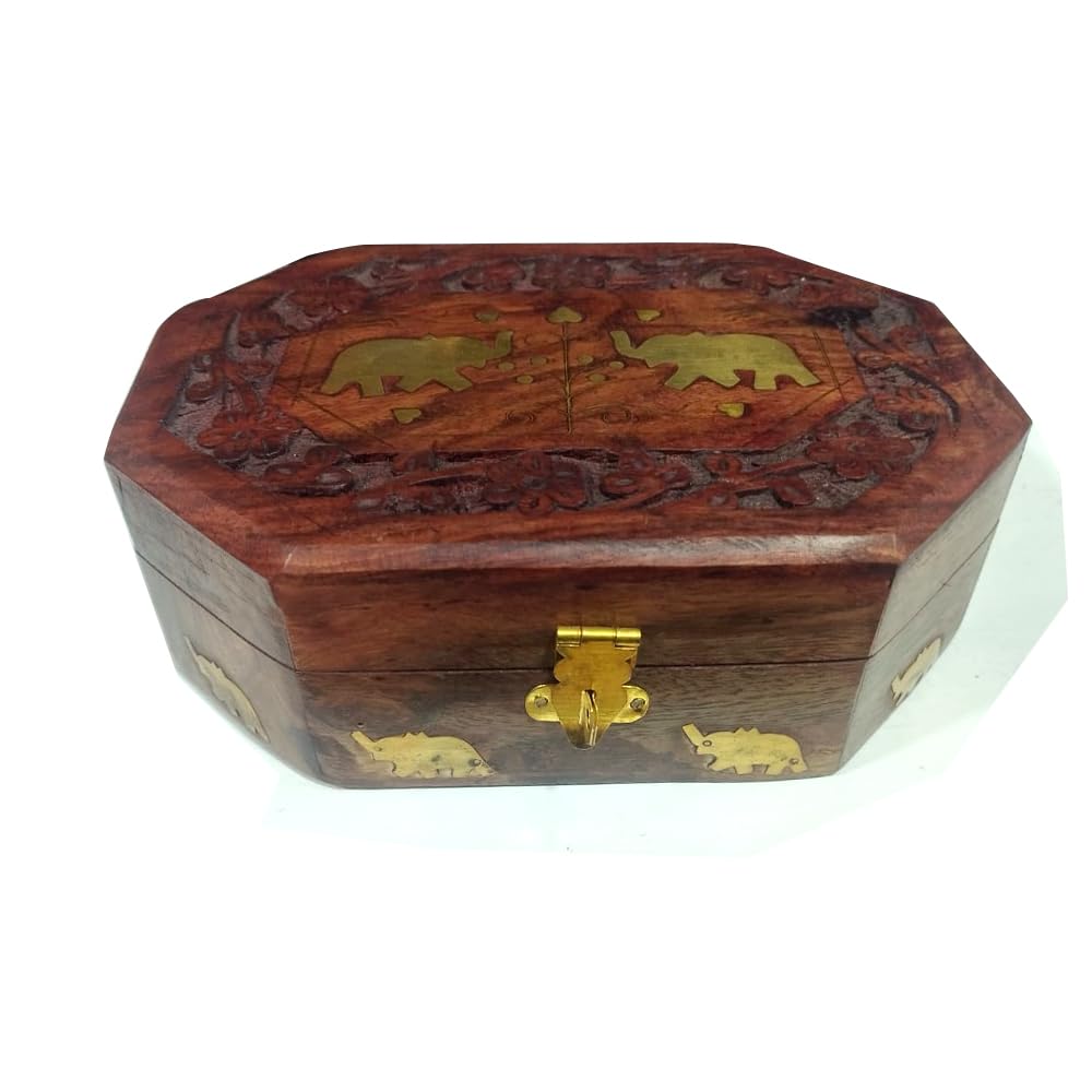 Jewellery Box in Octagonal shape with Elephant Brass Inlay 6inch
