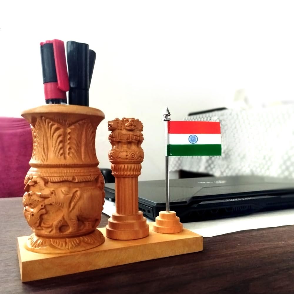 Wooden Pen Holder With Ashoka Stambh and Flag