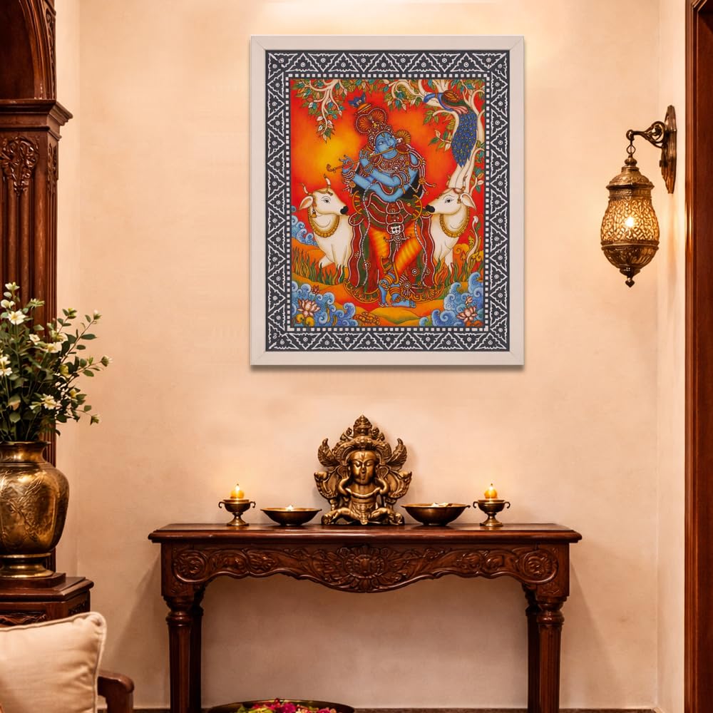 Lord Krishna Wall Art with Peacock and White Cows