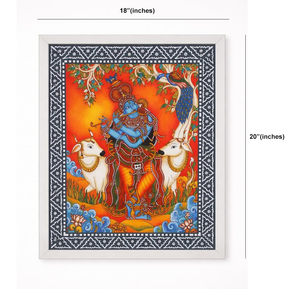 Lord Krishna Wall Art with Peacock and White Cows thumbnail 2